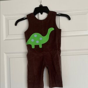 Adorable Brown Corduroy One Piece with Green Dinosaur Excellent Condition